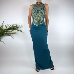 Vintage 90s Turquoise & Gold Beaded Open Back Elegant Prom Pageant Dress / Sz: 4